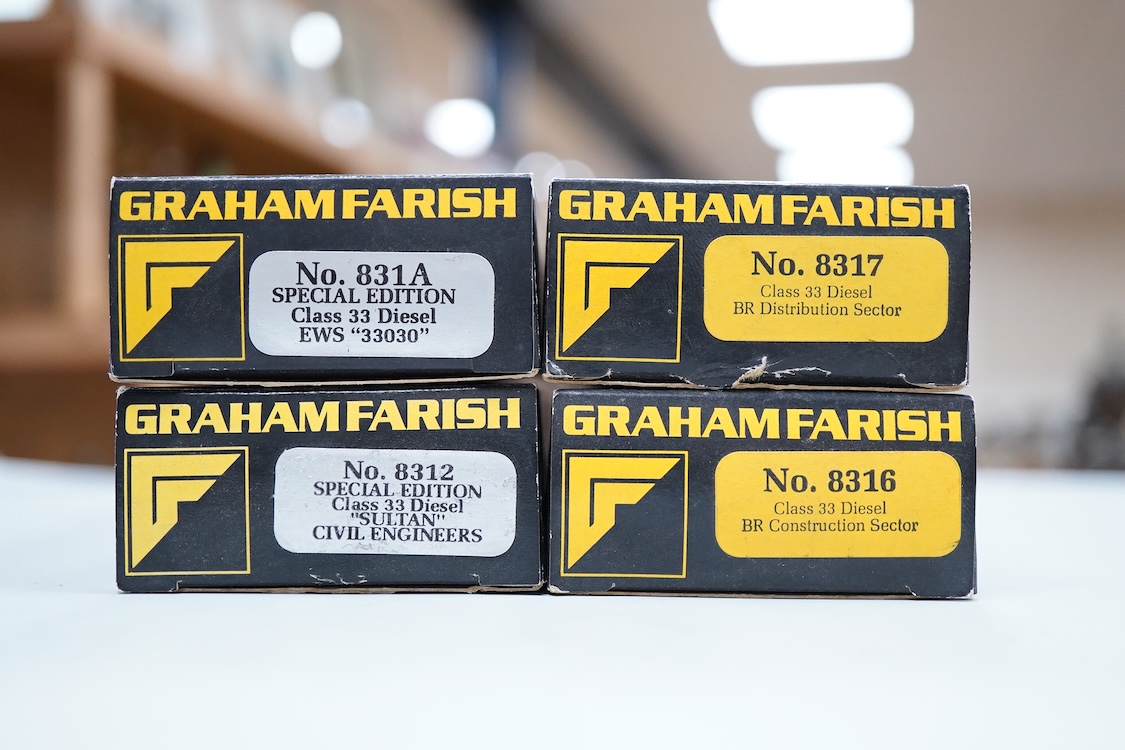 Four boxed Graham Farish N gauge railway Class 33 Bo-Bo diesel-electric locomotives; a BR, 33 205 (8317), a BR, 33 056 (8316), a BR, Sultan 33 025 (8312) and an EWS, 33030 (831A).